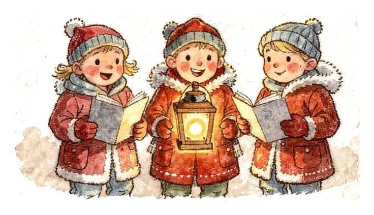 Three children singing carols in the snow, two holding songbooks and one a lantern.