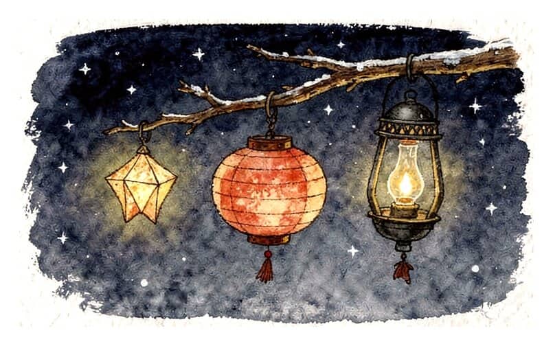 Lanterns of different kinds hanging from one branch under the stars: a paper star, a round paper lantern and a tin lantern, all glowing.