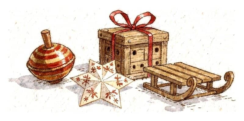 A wooden spinning top, a folded paper star, a puzzle box tied with red ribbon and a small sled.