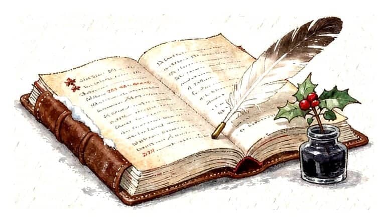 An old leather-bound book lying open with a goose quill, an ink pot and a sprig of holly.