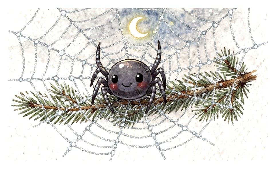A small friendly spider in a sparkling web stretched across a fir branch under a crescent moon.