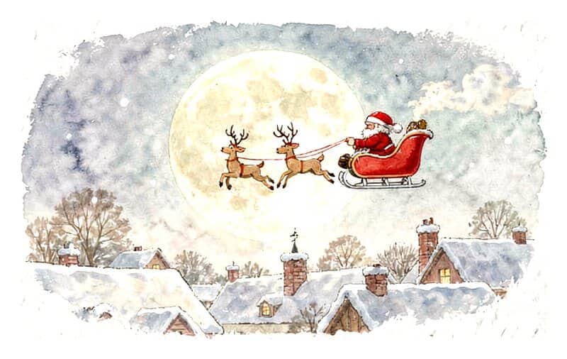Santa's sleigh and reindeer crossing a big pale moon above snowy rooftops at night.