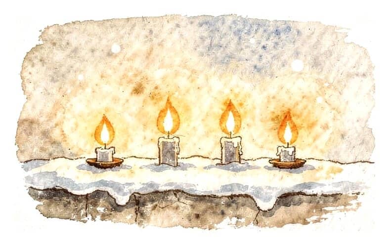 Four candles glowing in a row on a snowy ledge.