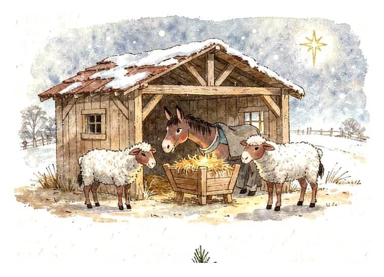 A wooden stable under a bright star, with the manger, a donkey and two sheep.