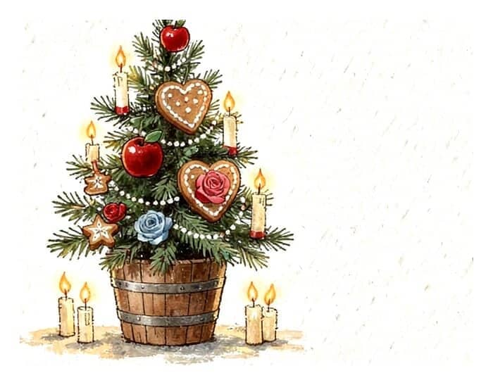 A little fir tree in a wooden tub, decorated the old way with red apples, paper roses, gingerbread hearts and small candles.