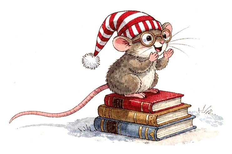 A little mouse in spectacles and a striped nightcap stands on a stack of old books, calling out a greeting.