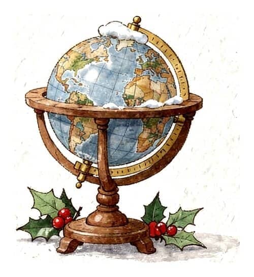 An antique globe on a wooden stand with a little cap of snow and holly at its foot.