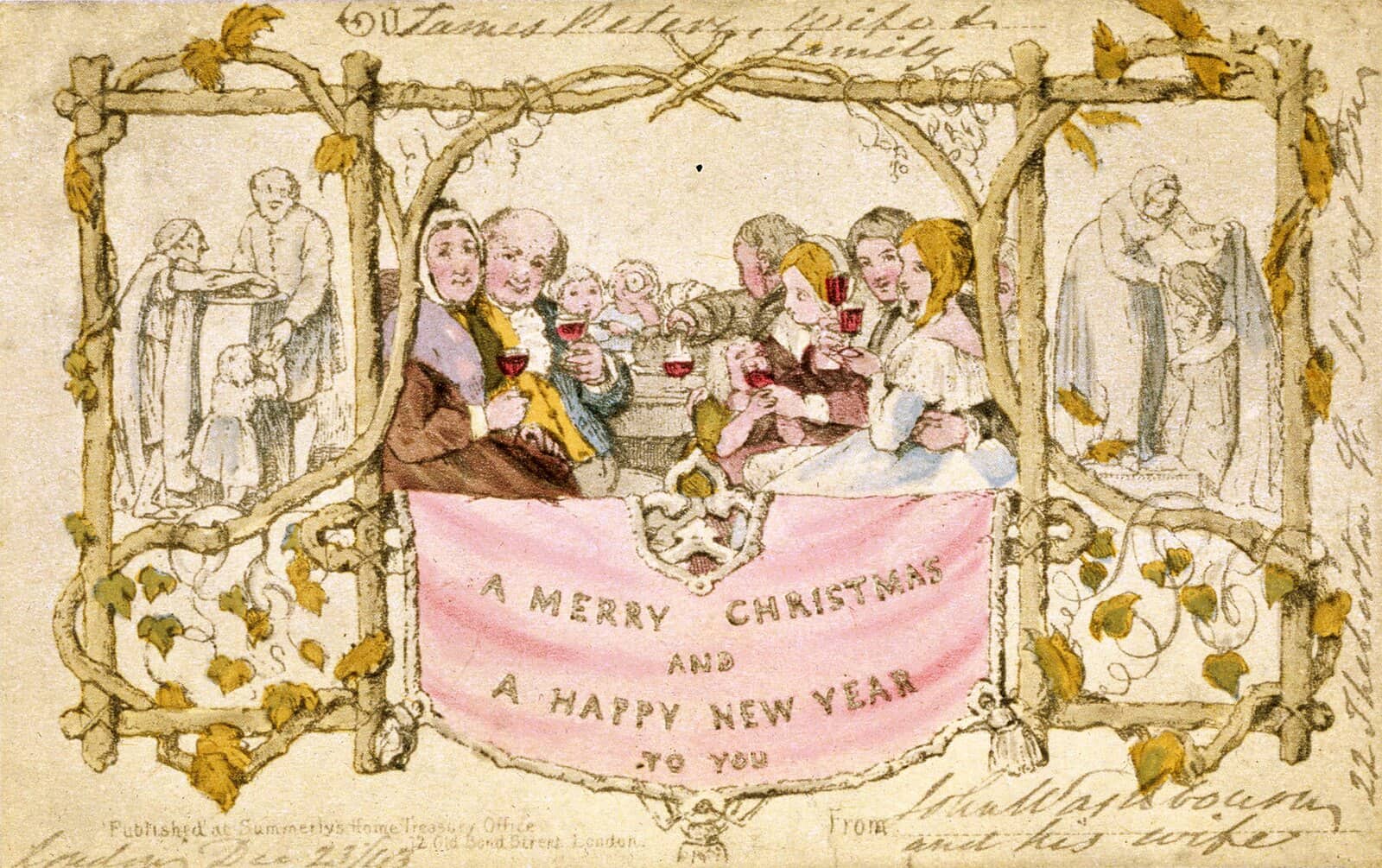 The first Christmas card, 1843: a hand-colored card showing a family raising their glasses at a table in the middle, people feeding and clothing the poor on either side, and the greeting “A Merry Christmas and a Happy New Year to You.”
