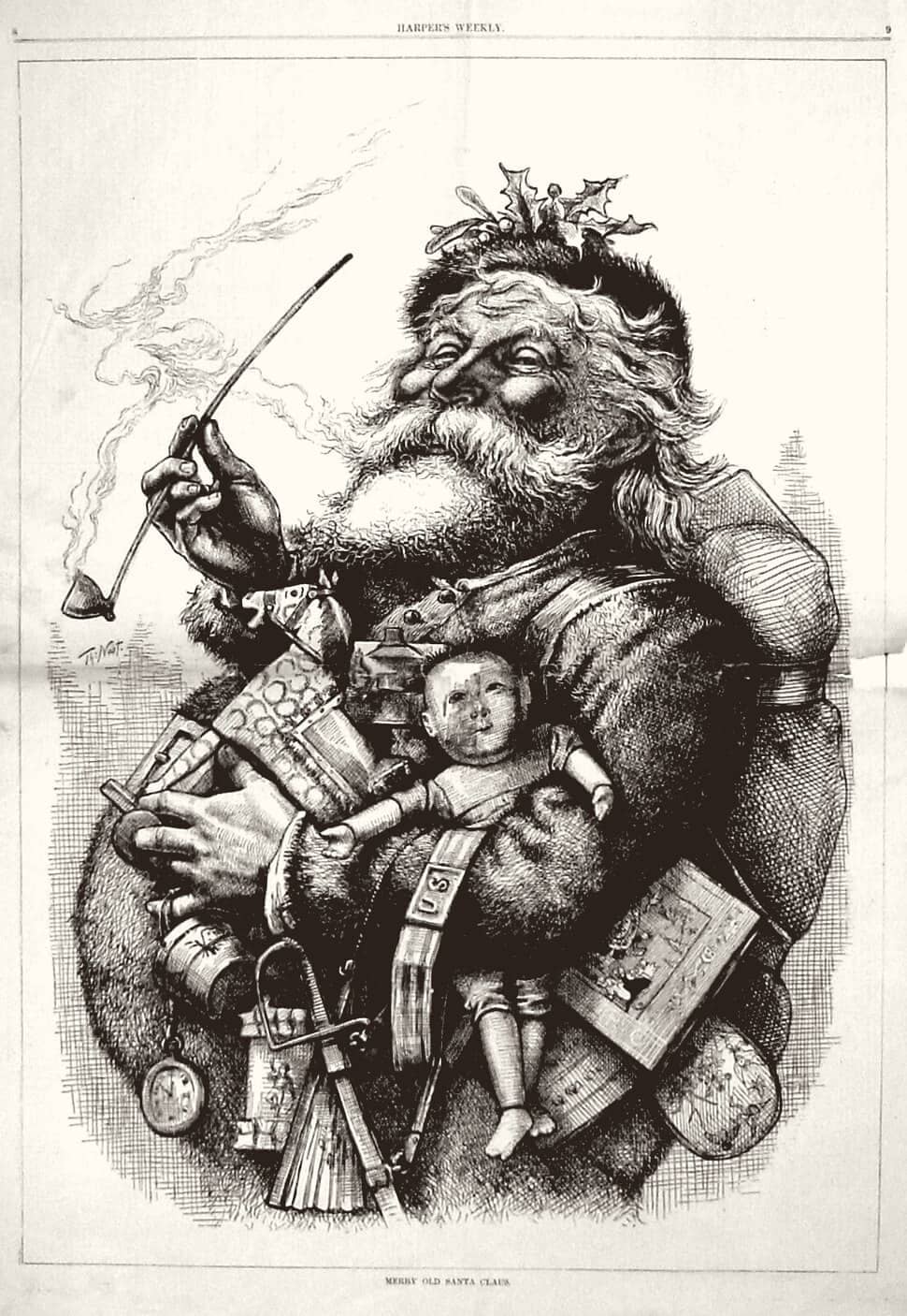 Thomas Nast's 1881 drawing “Merry Old Santa Claus”: a jolly white-bearded Santa with holly in his cap, smoking a long pipe and carrying an armful of toys and a doll, on a page of Harper's Weekly.