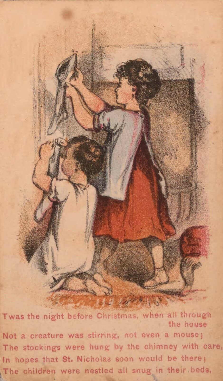 A page from an 1864 picture book of “A Visit from St. Nicholas”: two little children hang up their stockings by the fireplace, above the poem's opening lines printed in red.