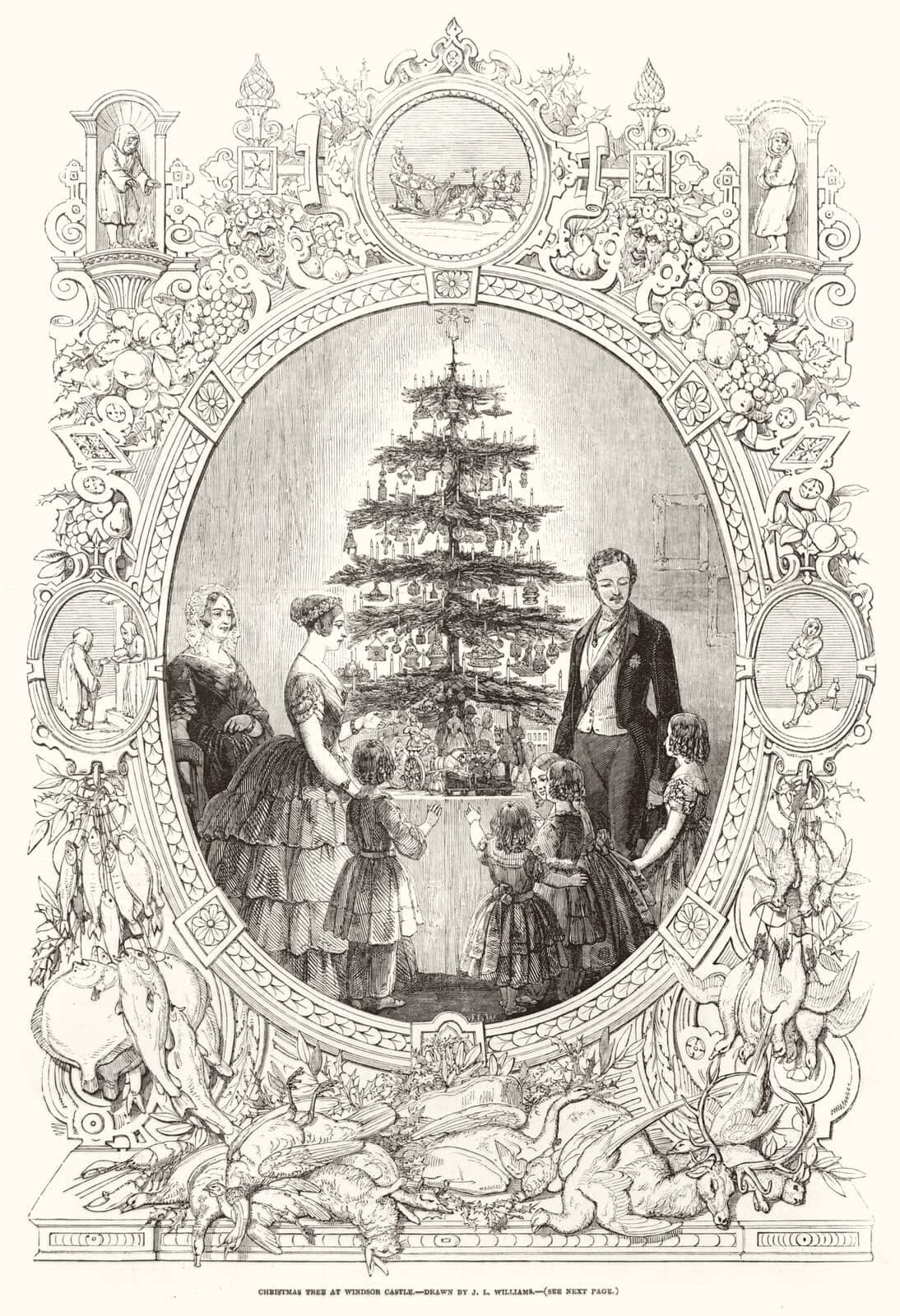An 1848 engraving of Queen Victoria, Prince Albert and their children around a Christmas tree lit with candles on a table at Windsor Castle, inside an ornate border.