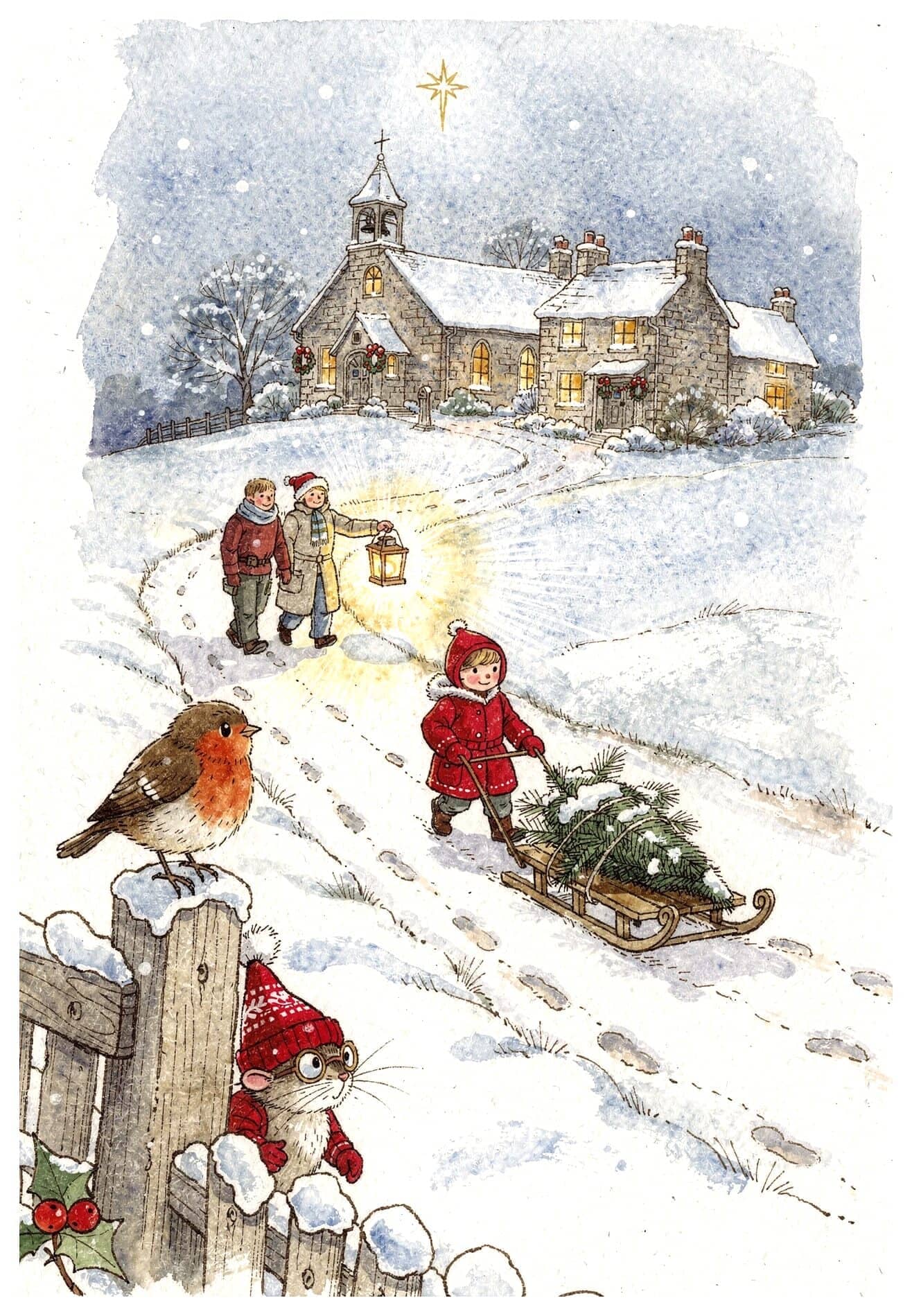 A watercolor picture: a child in a red hooded coat pulls a little fir tree on a sled up a snowy lane toward a stone church as the first star comes out, while a robin and a tiny mouse in spectacles watch from the fence.