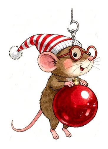 A little mouse in a striped nightcap hanging from a hook, hugging a shiny red bauble.