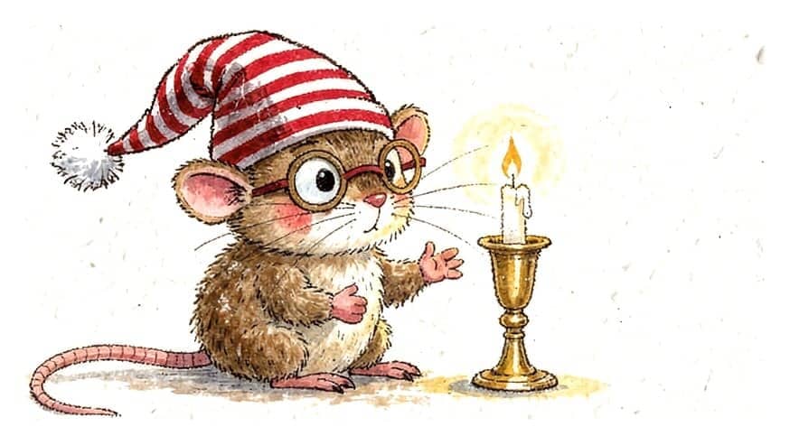 A little mouse in spectacles and a striped nightcap beside a lit candle, one paw raised as if telling a story.