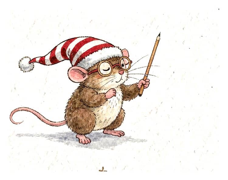 A little mouse in spectacles and a striped nightcap conducting music with a pencil, eyes closed.