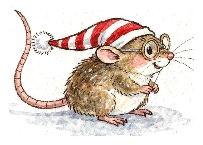 A little mouse in spectacles and a striped nightcap, smiling.
