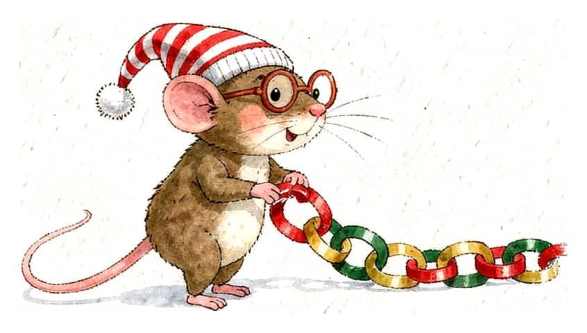 A little mouse in spectacles and a striped nightcap pulling a link off a red, green and gold paper chain.