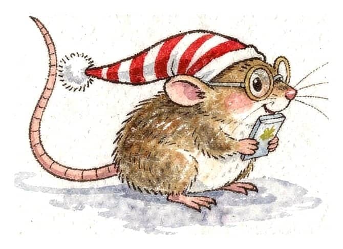 A little mouse in spectacles and a striped nightcap reading a tiny book.