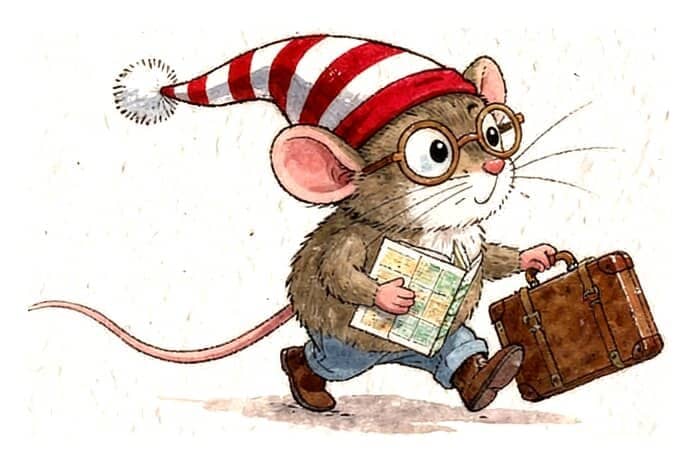 A little mouse in spectacles and a striped nightcap setting off with a suitcase and a map.