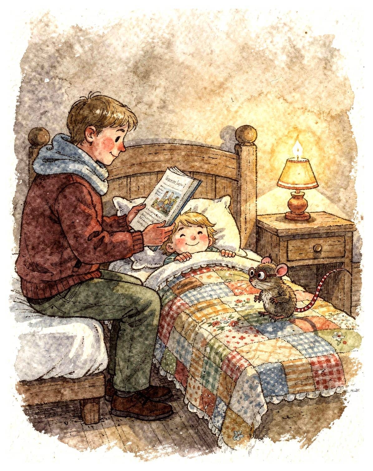 A parent sits on a child's bed reading a picture book aloud by lamplight; the child smiles under a patchwork quilt and a little mouse listens.