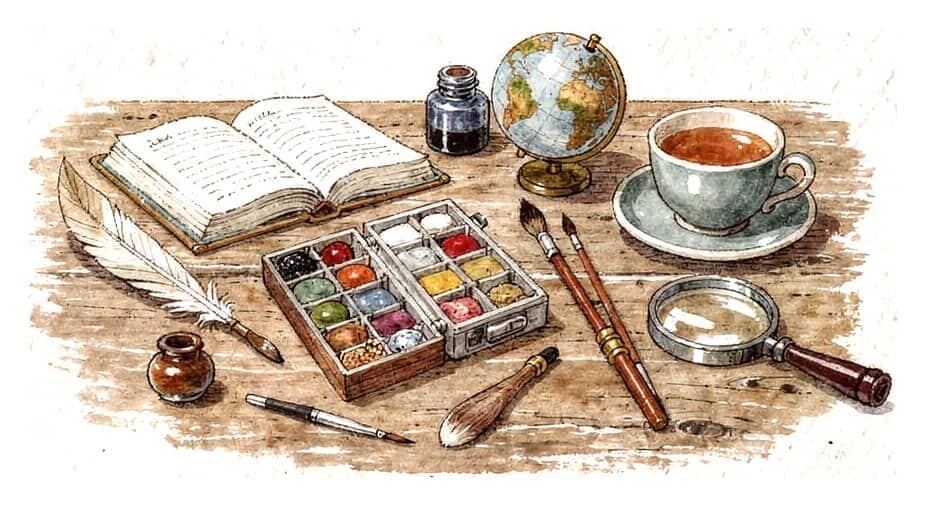 A worktable seen from above: open books, a small globe, a paintbox and brushes, a quill and ink, a magnifying glass and a cup of tea.