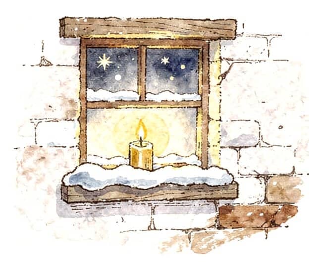 A single candle glowing in a cottage window on a snowy night.