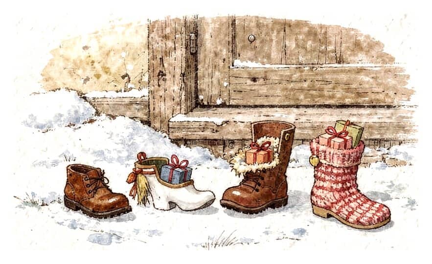 A shoe, a wooden clog, a boot and a knitted stocking in a row by a snowy door; the shoe is still empty, the clog and the boot each hold a small gift, and the stocking holds two.