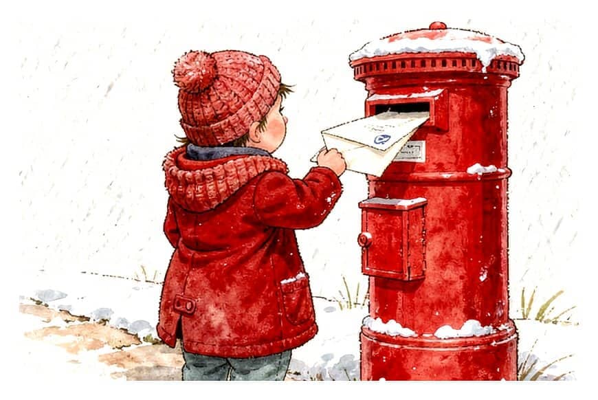 A child in a red coat posting a letter into an old red pillar mailbox in the snow.