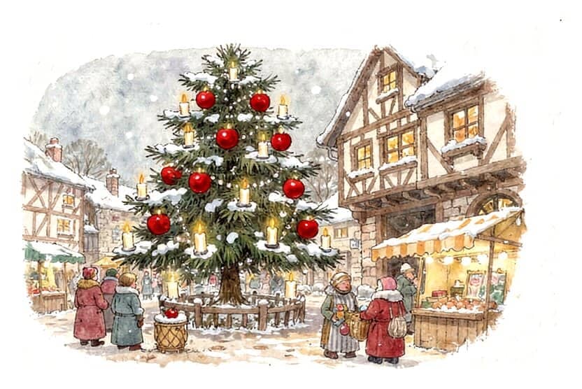 A tall fir decorated with red apples and candles in an old market square of timbered houses, people admiring it.