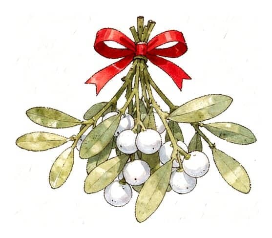 A sprig of mistletoe with white berries hanging from a red ribbon bow.