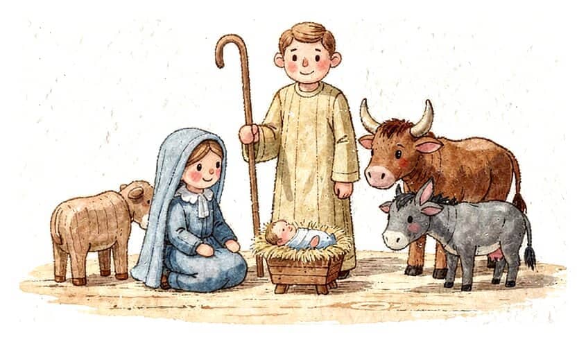A simple nativity set: Mary kneeling, Joseph with a staff, the baby Jesus in a manger, an ox, a donkey and a sheep.
