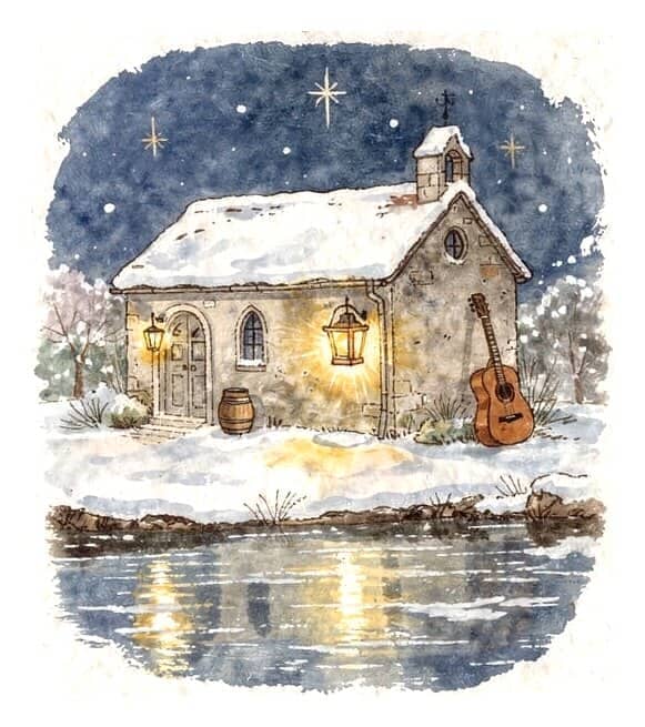 A small snowy chapel beside a river at night, with a lantern by the door and a guitar against the wall.