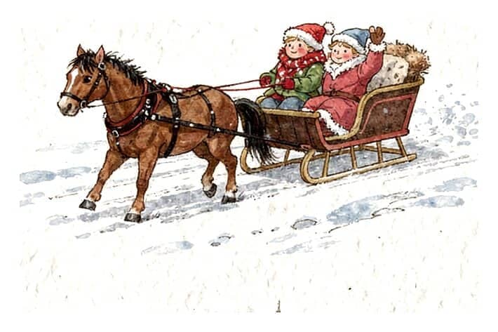 A horse pulling an open sleigh with two people wrapped up warm through the snow.