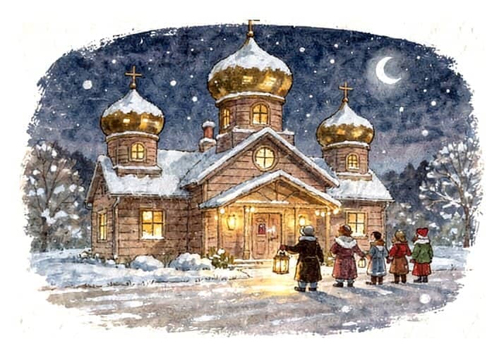A wooden church with golden onion domes in the snow at night, people walking to it with lanterns.
