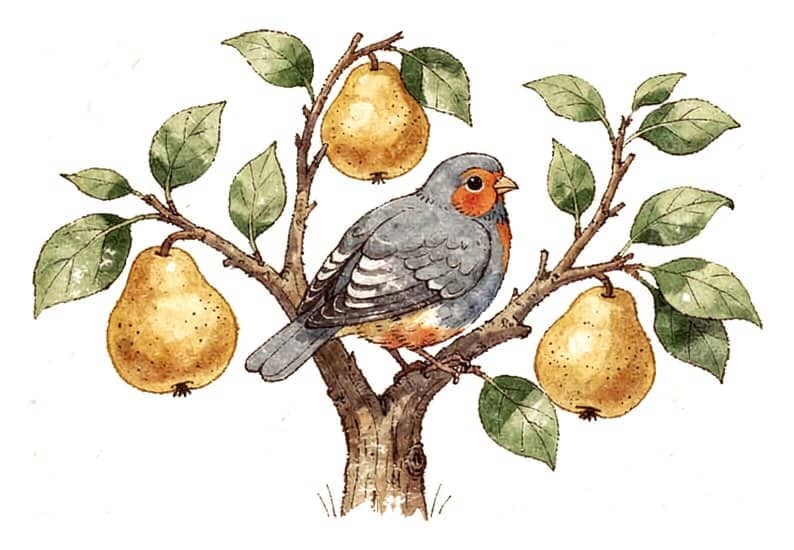 A gray partridge sitting in a pear tree with golden pears.