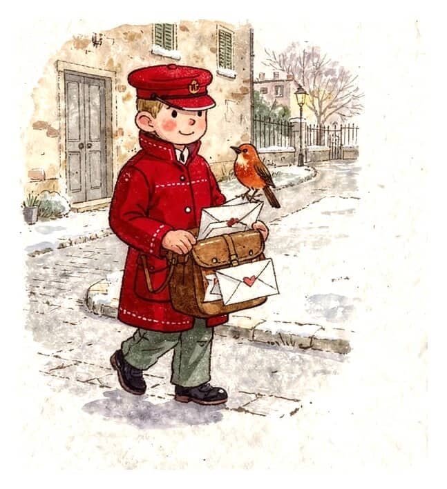 A Victorian postman in a red coat walking a snowy street with a satchel of letters, a robin on his satchel.