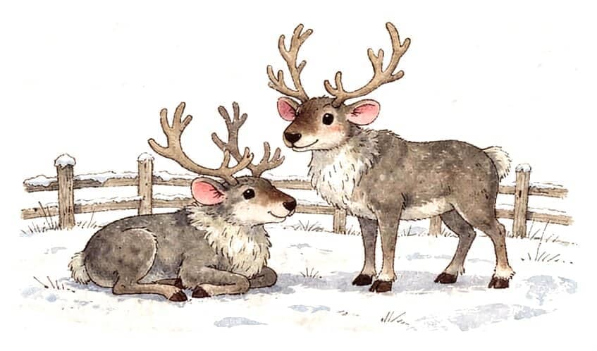 Two reindeer with big antlers resting in a snowy meadow by a fence.