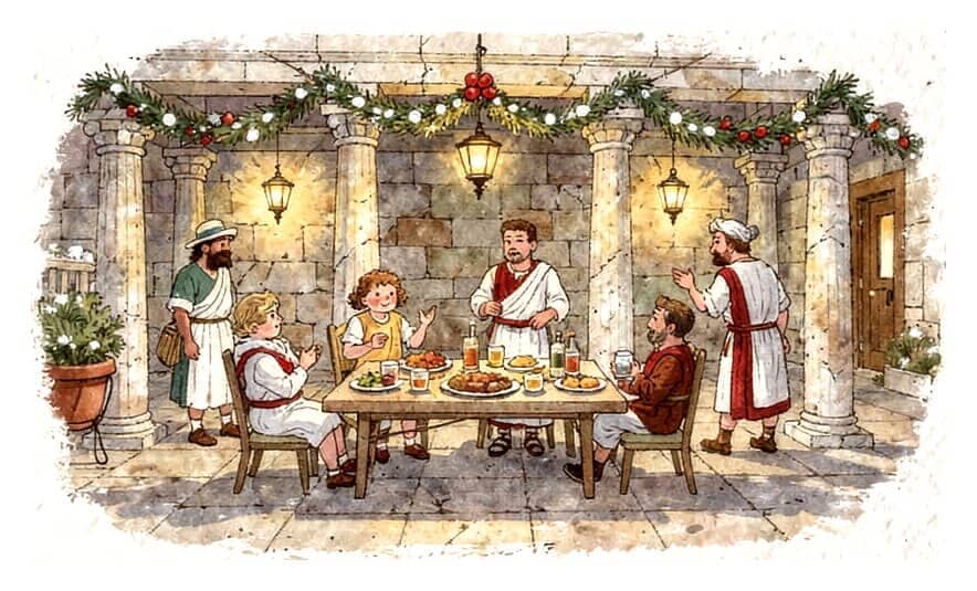People in ancient Roman dress sharing a feast in a columned courtyard hung with evergreen garlands and lamps.