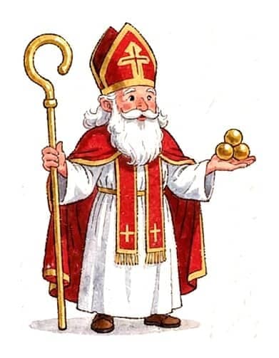 Saint Nicholas the bishop in a red cope and miter, holding his crook and three golden balls.