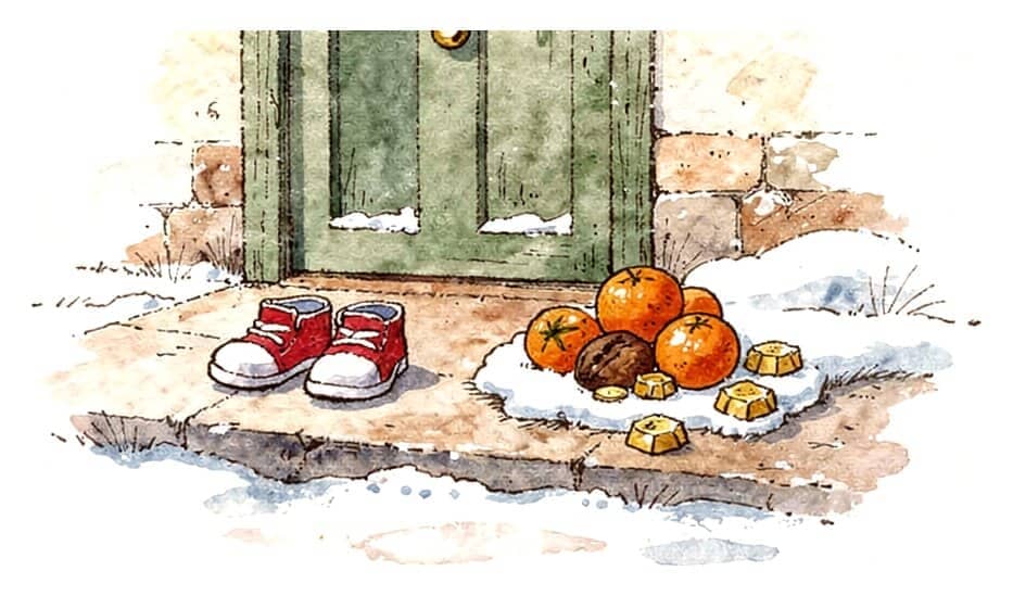 A pair of children's shoes on a snowy doorstep beside oranges, walnuts and gold chocolate coins.
