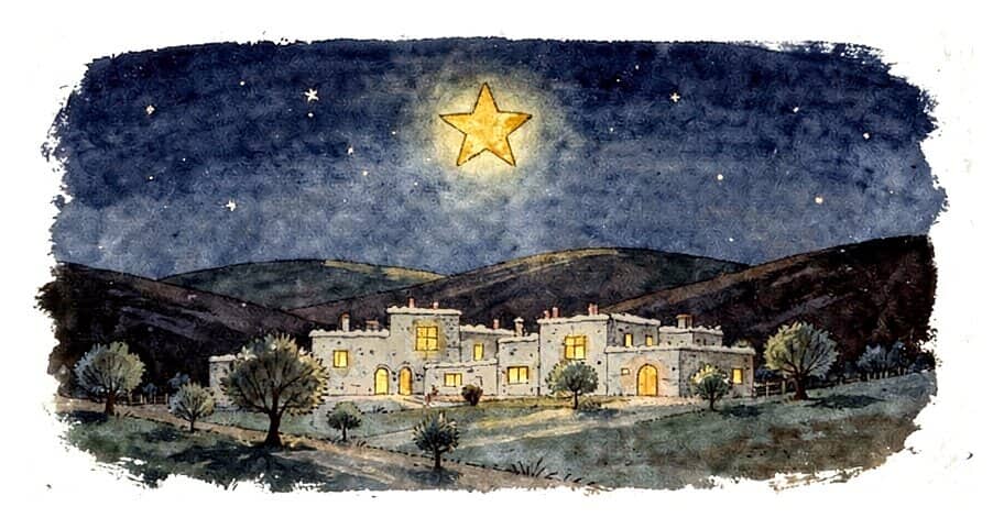 One bright star shining in the night sky over a small town of flat-roofed stone houses among olive trees.