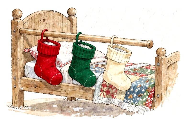 Three knitted stockings, red, green and cream, hanging from a wooden rail along a child's bed.