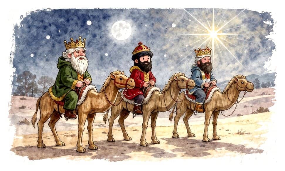 Three wise men in crowns and rich robes riding camels across a moonlit desert toward a bright star.