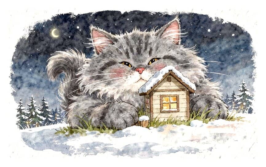 A huge fluffy gray cat peeking over a little snowy house at night.