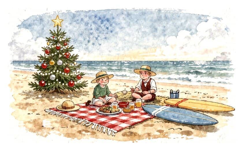 An Australian Christmas on a sunny beach: two children picnic beside a small decorated pine, with surfboards on the sand.