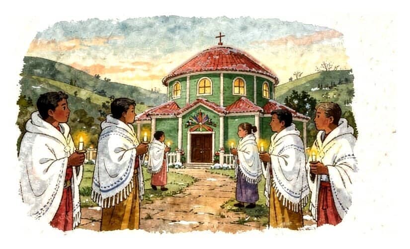 People wrapped in white shawls hold small candles outside a round church in the green Ethiopian highlands at dawn.