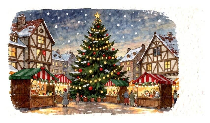 A German Christmas market at dusk: wooden stalls, warm lights and a tall decorated tree among timbered houses.
