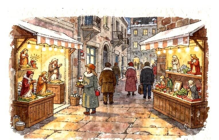 A street in Naples lined with little shops selling handmade nativity figures, people strolling in warm evening light.