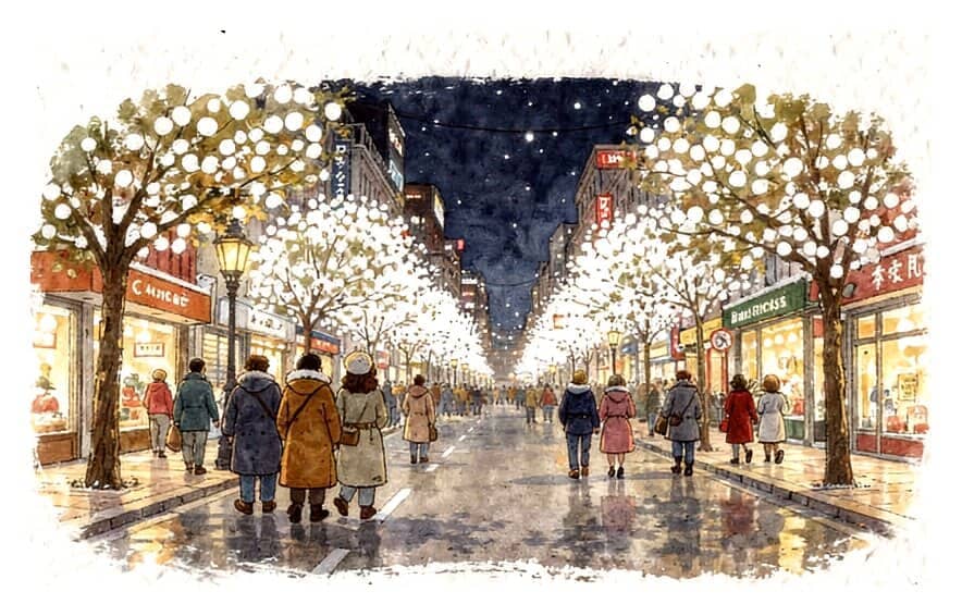 A city street in Japan at night under rows of trees covered in white Christmas lights.