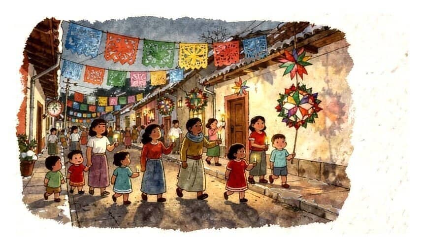 Children and parents walk a village street with candles under strings of cut-paper flags, in a Mexican posada.